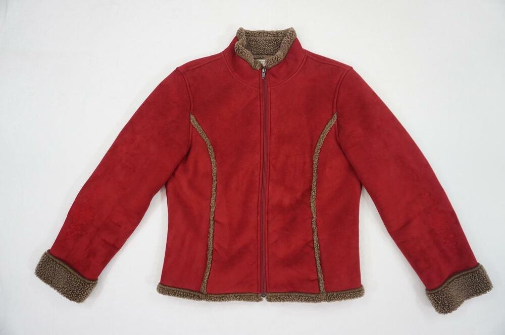 L.L. BEAN USED WOMEN M RED/BROWN FLORAL EMBROIDERY FAUX SUEDE/SHERPA JACKET